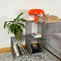 Wire side table with books, a plant, and an orange lamp next to a gray sofa with a cat.